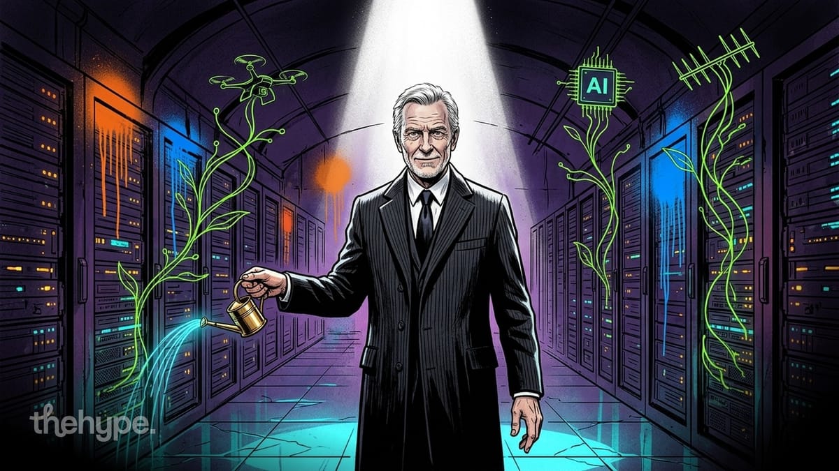 Man in a pinstripe suit waters neon vines growing a drone and AI chip in a server corridor, symbolizing AI funding rounds