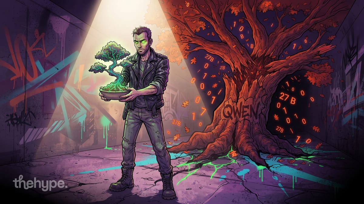 Man holds glowing bonsai beside a giant tree carved Qwen shedding 27B digits – Ternary Bonsai compressing Qwen 3.8