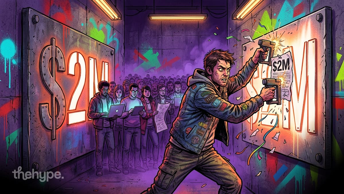 Punk-style dev staples $2M prize notes to a graffiti wall as coders watch, evoking Meta Connect's developer payouts.
