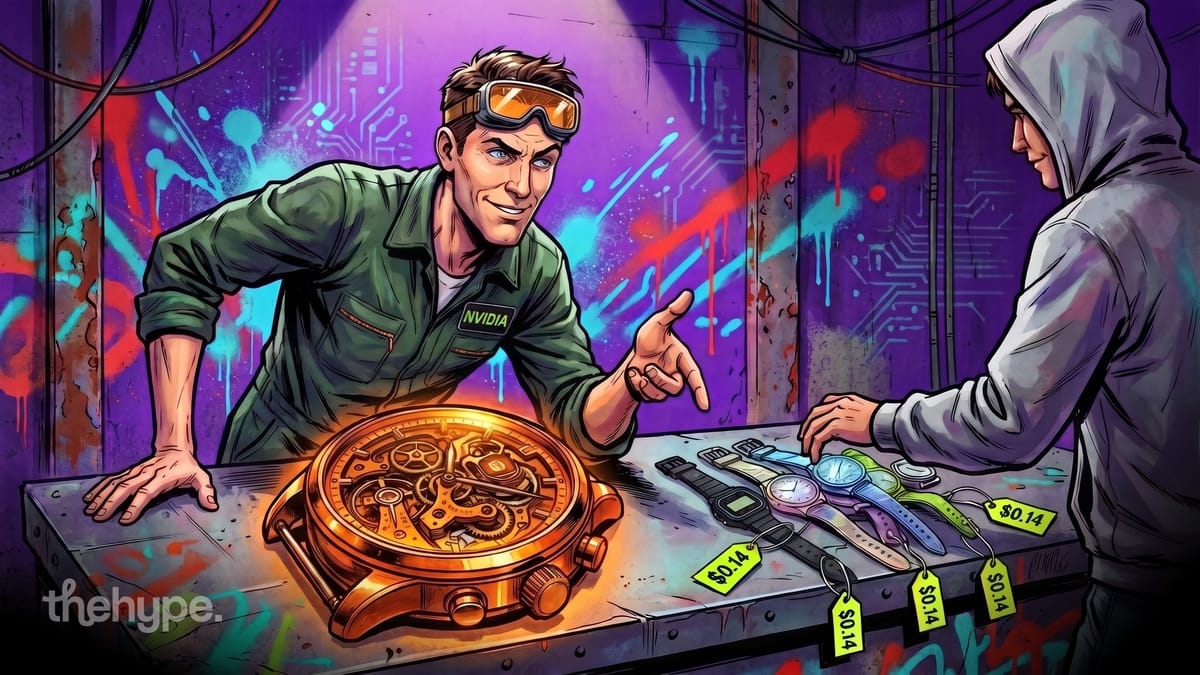 Comic-style vendor with an NVIDIA badge shows a glowing gold watch beside cheap watches tagged $0.14