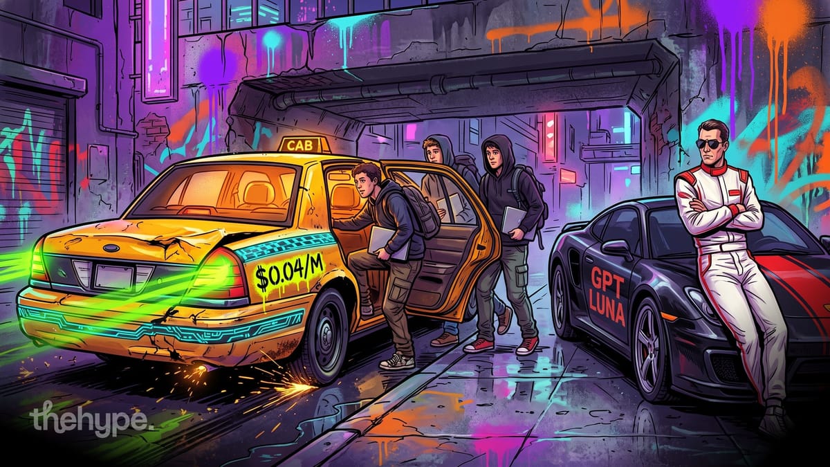 Comic scene: hooded builders board a battered yellow cab tagged $0.04/M as a racer guards a black GPT Luna sports car.