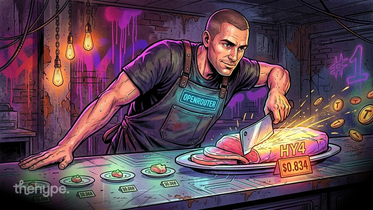 Butcher in an OPENROUTER apron cleaves a glowing HY4 steak priced $0.834 beside tiny $0.068 plates, neon #1 behind.