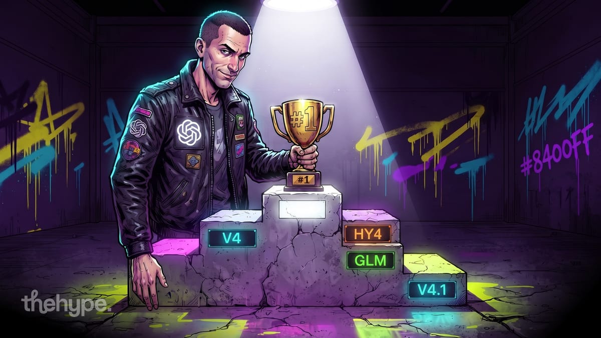 Man in an OpenAI-patched leather jacket holds a gold #1 trophy over a podium labeled V4, HY4, GLM and V4.1