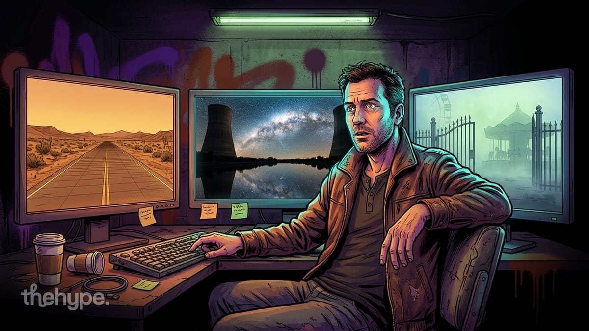 Man at three monitors showing a desert highway, cooling towers under the Milky Way and a carousel — three AI-made films
