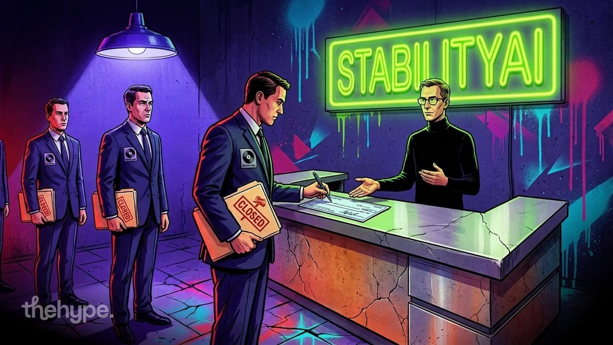 Suited music-label execs with 'closed' case files hand a check to a man under a neon Stability AI sign.