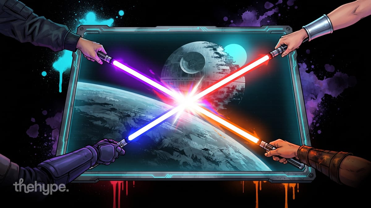 Four hands cross purple, red, blue and orange lightsabers over a screen showing the Death Star, marking a four-model test