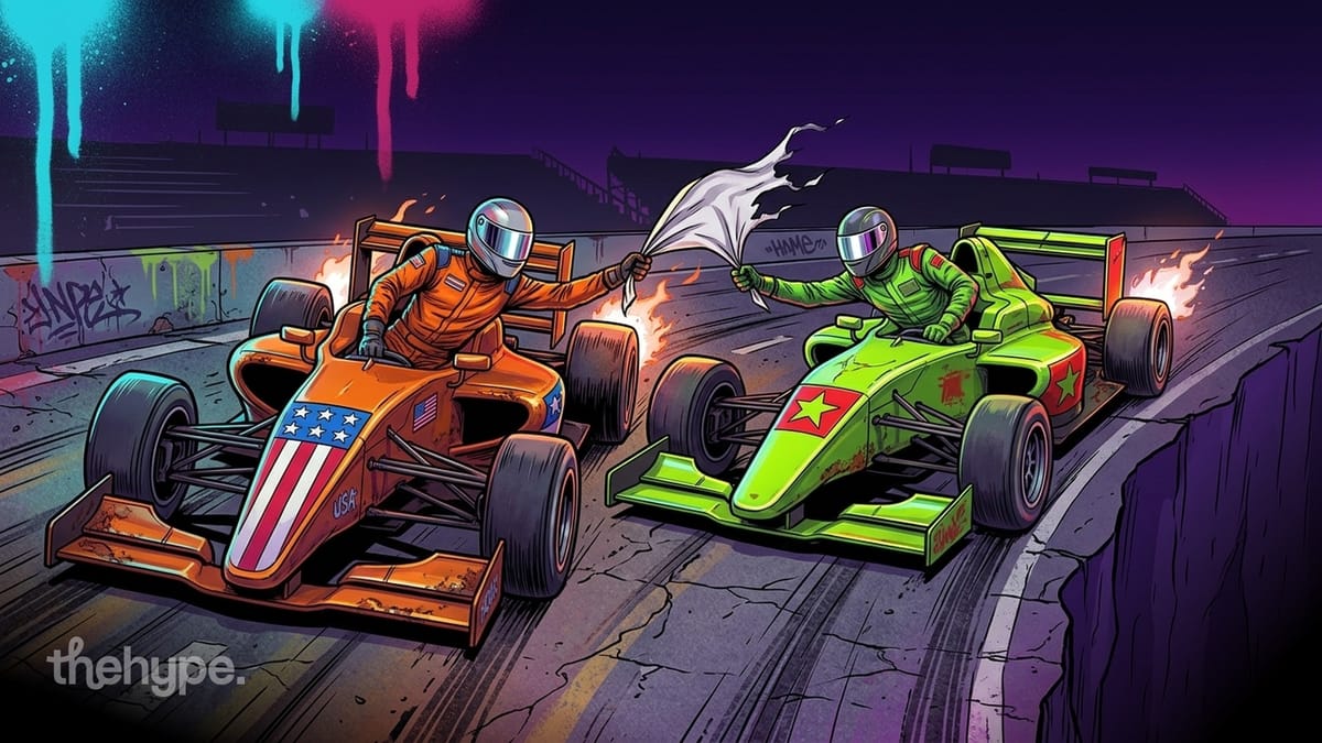 US-flag and red-star race cars trade white flags mid-race, an AI race neither side will slow down.