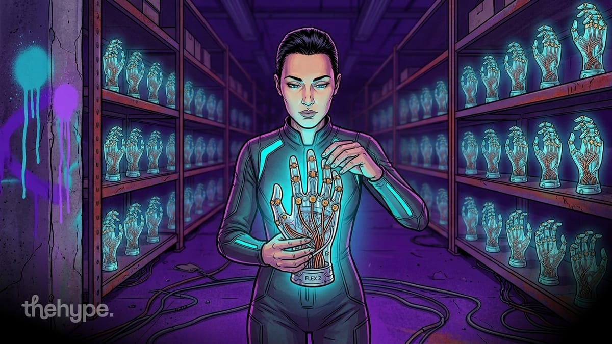 Woman in a dark bodysuit holding a glowing Flex 2 robotic hand in a warehouse aisle stacked with rows of robot hands