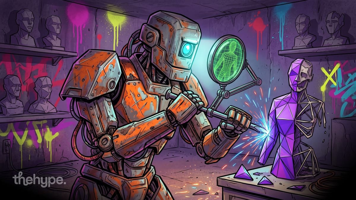 Rusty orange robot inspects a purple low-poly 3D figure through a wireframe magnifier, sparks flying, for the AA-3D benchmark