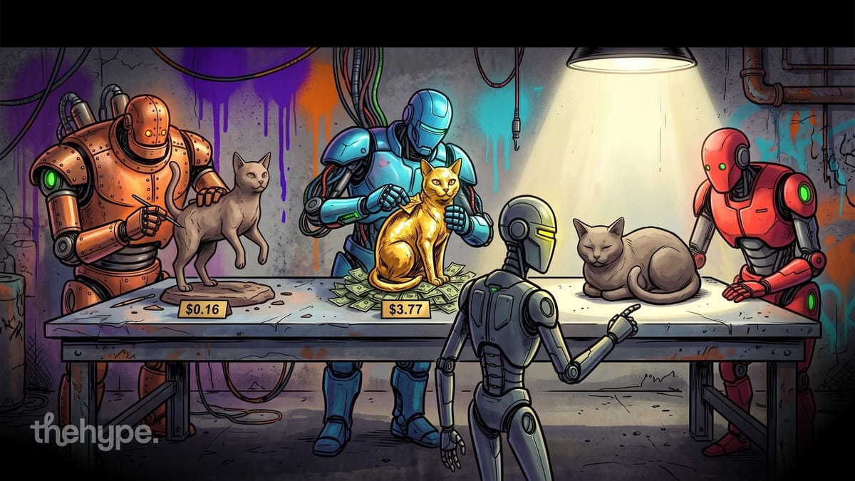 Illustrated robots sculpting cats on a workbench: a $0.16 clay cat, a gold $3.77 cat on cash and a sleeping cat under a lamp