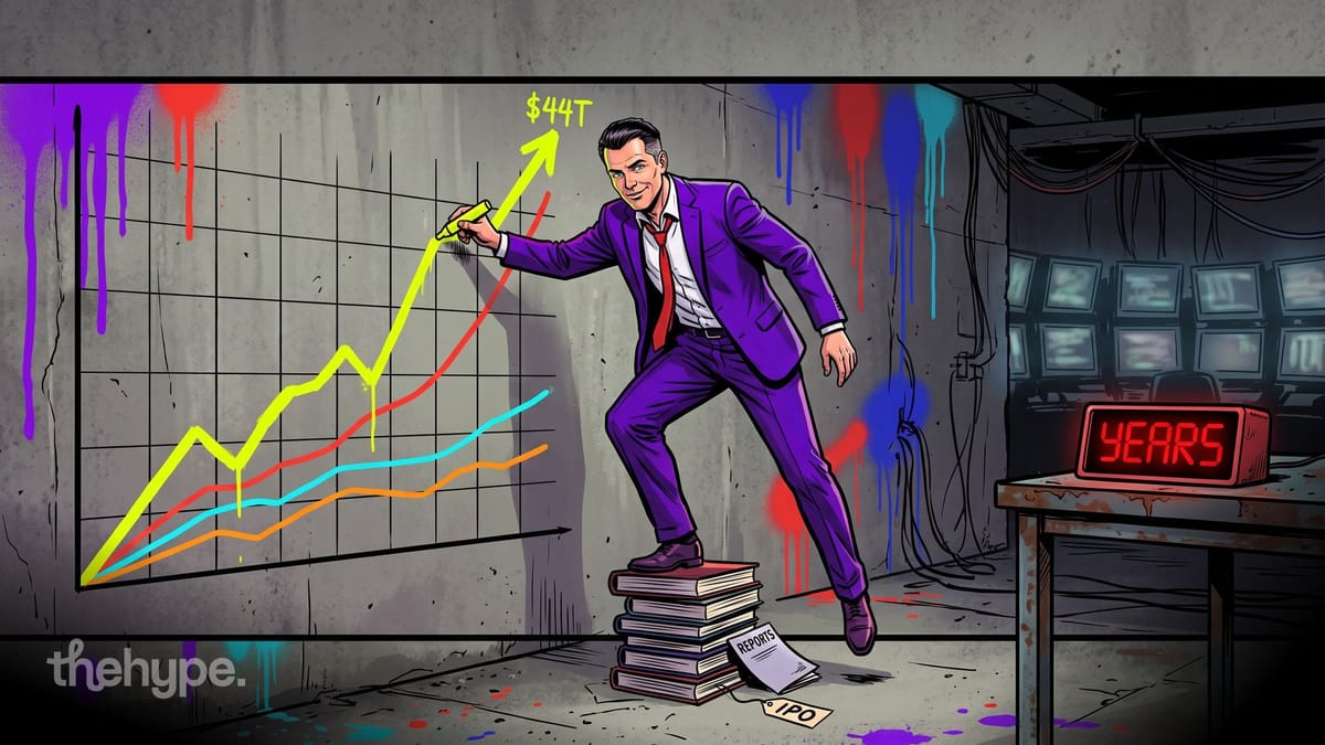 Man in a purple suit stands on books tagged IPO, drawing a chart line up to $44T beside a red clock reading YEARS