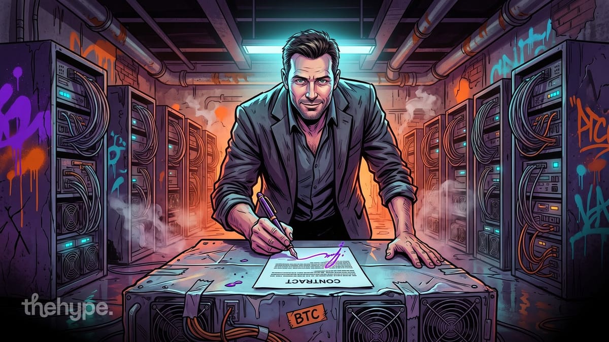 Man in a dark blazer signs a contract on a BTC mining rig in a graffiti-covered server room, a nod to the Anthropic IREN deal
