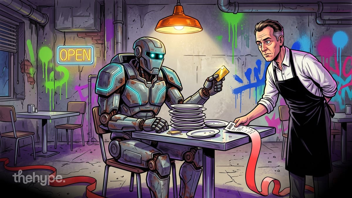 Robot with a gold card at a table of empty plates as a waiter hands it a long bill, for Anthropic's $80.7B H1 loss