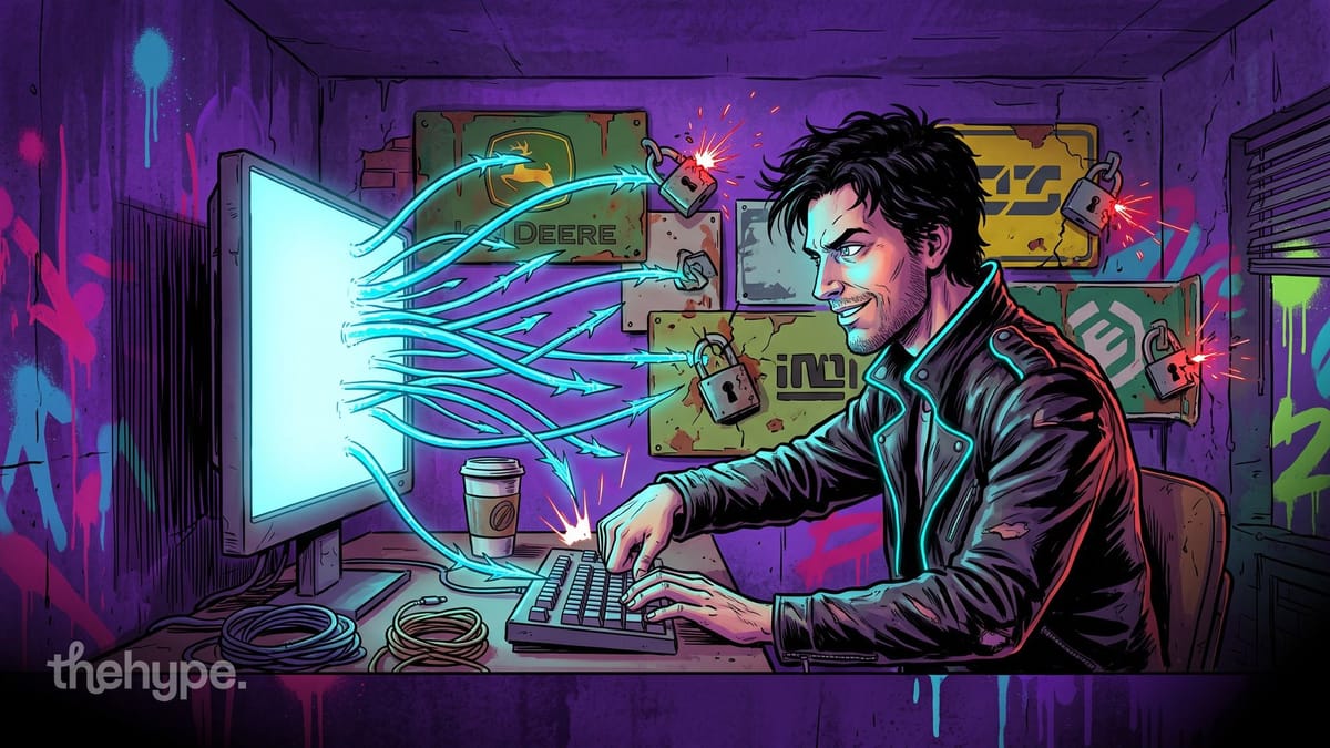 Hacker at a computer as glowing AI streams break padlocks on company signs, for AI agents that hacked 100+ sites via Cairn