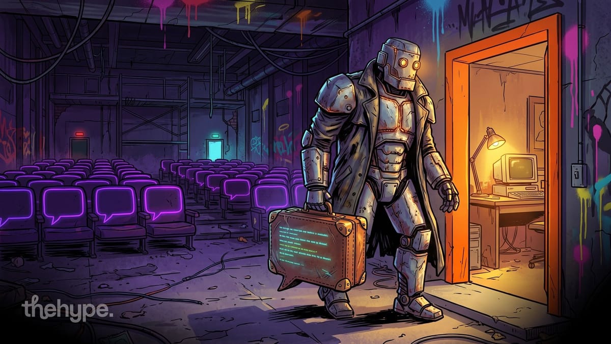 Robot in a trench coat carries a suitcase of chats out of an empty hall toward a room with a PC, for Character.AI users