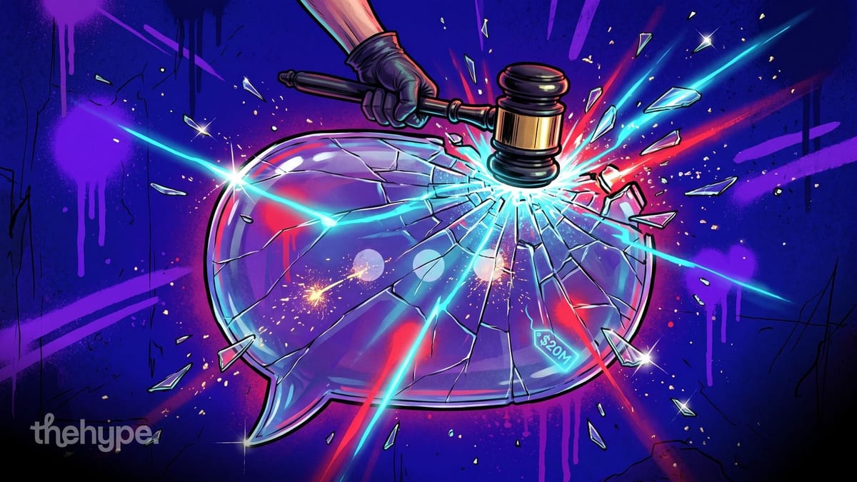 Gloved hand smashes a glass chat bubble with a judge's gavel, a $20M price tag inside, for the Character.AI bankruptcy