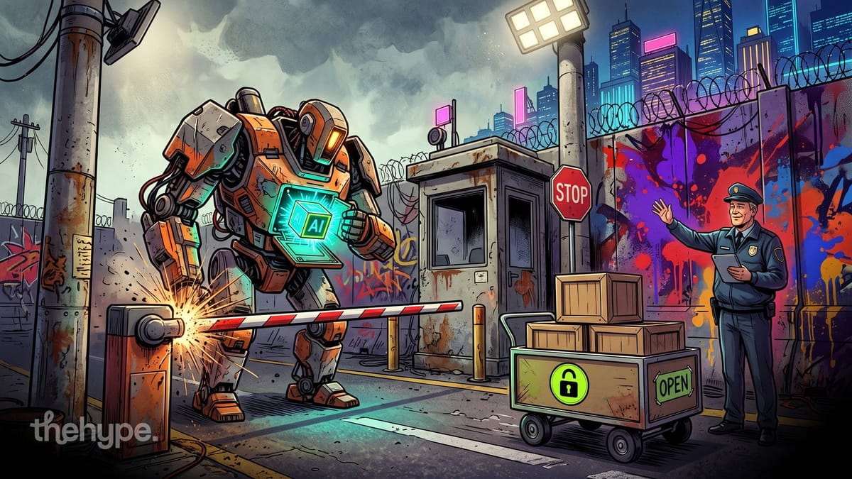 Robot with a glowing AI cube stopped at a border barrier as a guard waves an OPEN cart through, for China's AI export rules