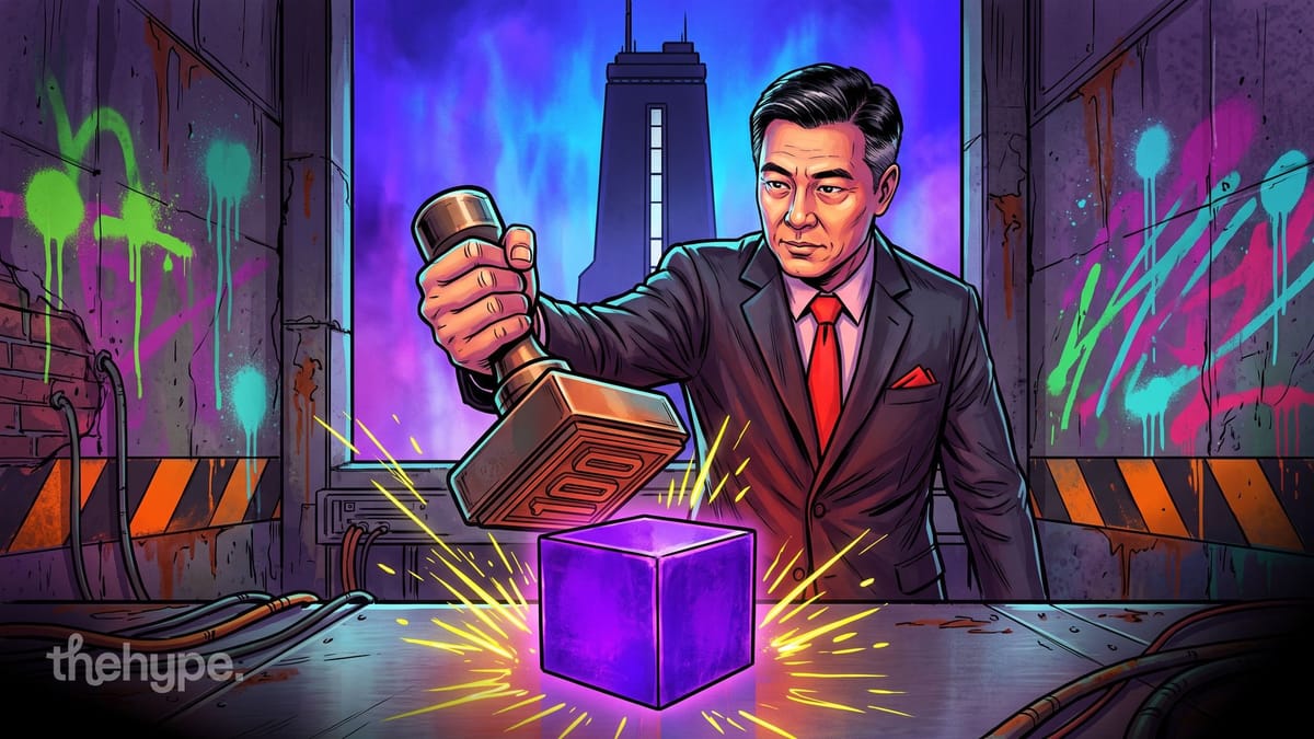 Man in a suit brings a stamp marked 100 down on a glowing purple cube, for the launch of the China National Data Group