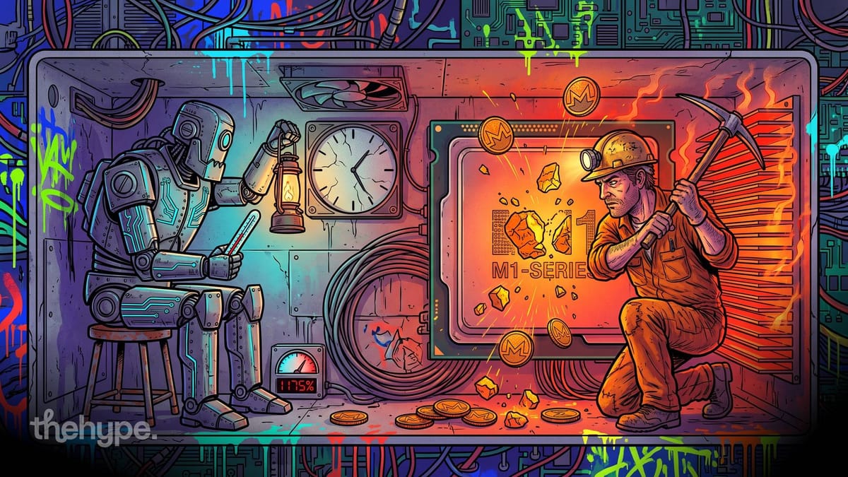 Robot with a lantern and thermometer watches a miner chip Monero coins out of an M1 chip, for a Claude Code security guide