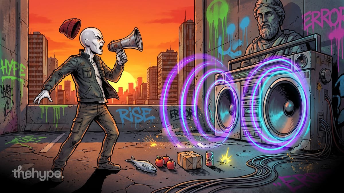 Comic-style bald man shouting into a megaphone at a giant boombox under a stone statue, with a fish, apples, a box and soda