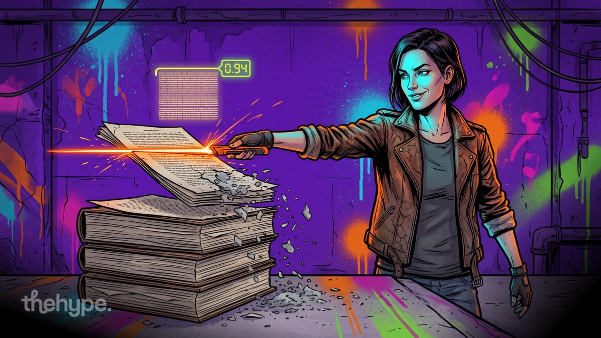 cohere's context focus trims tokens by up to 41%: a woman slices a stack of books down to one scored passage, 0.94