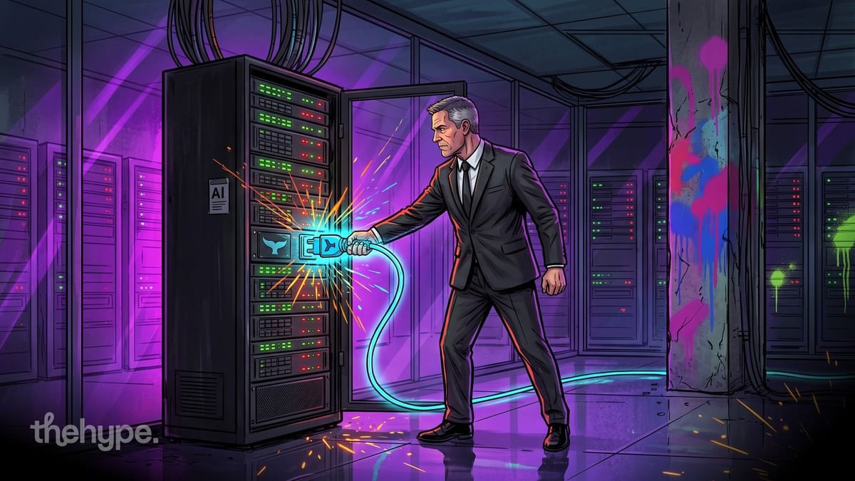 Man in a suit pulls a glowing plug with a whale logo out of an AI server rack, for the US ban on DeepSeek in federal agencies