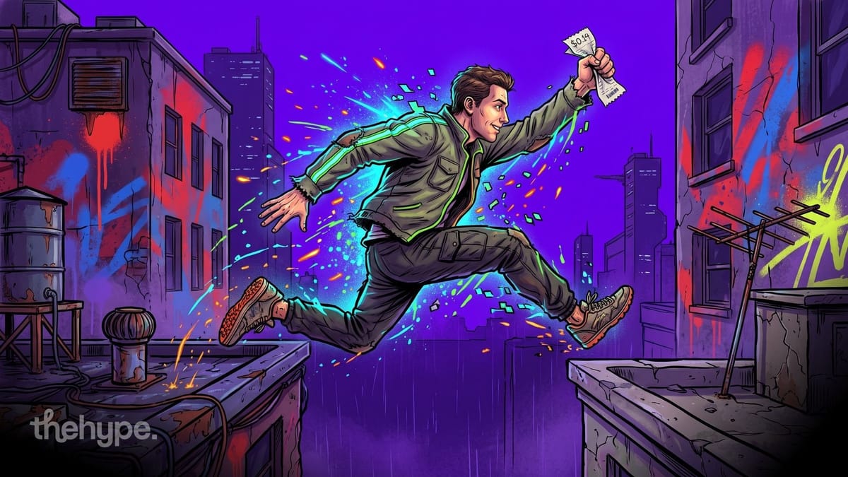 Illustrated free runner leaping between graffiti rooftops at night, holding a $0.14 receipt, with neon sparks trailing