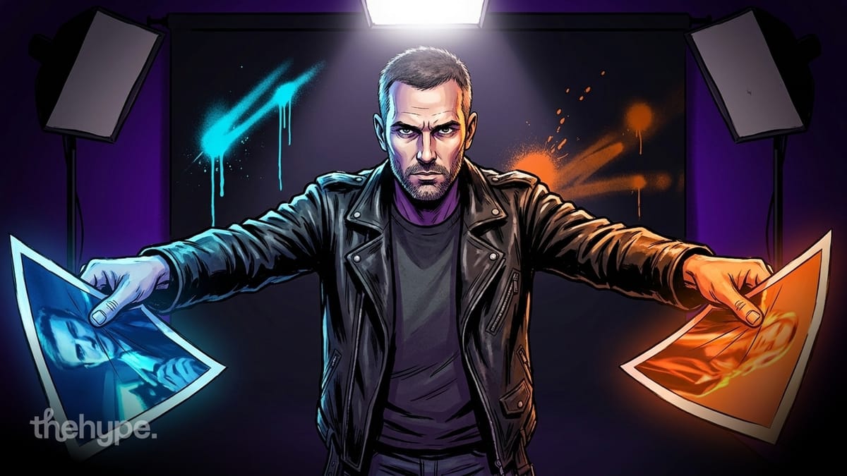 Illustration of a man in a leather jacket holding a blue photo and an orange photo under studio lights