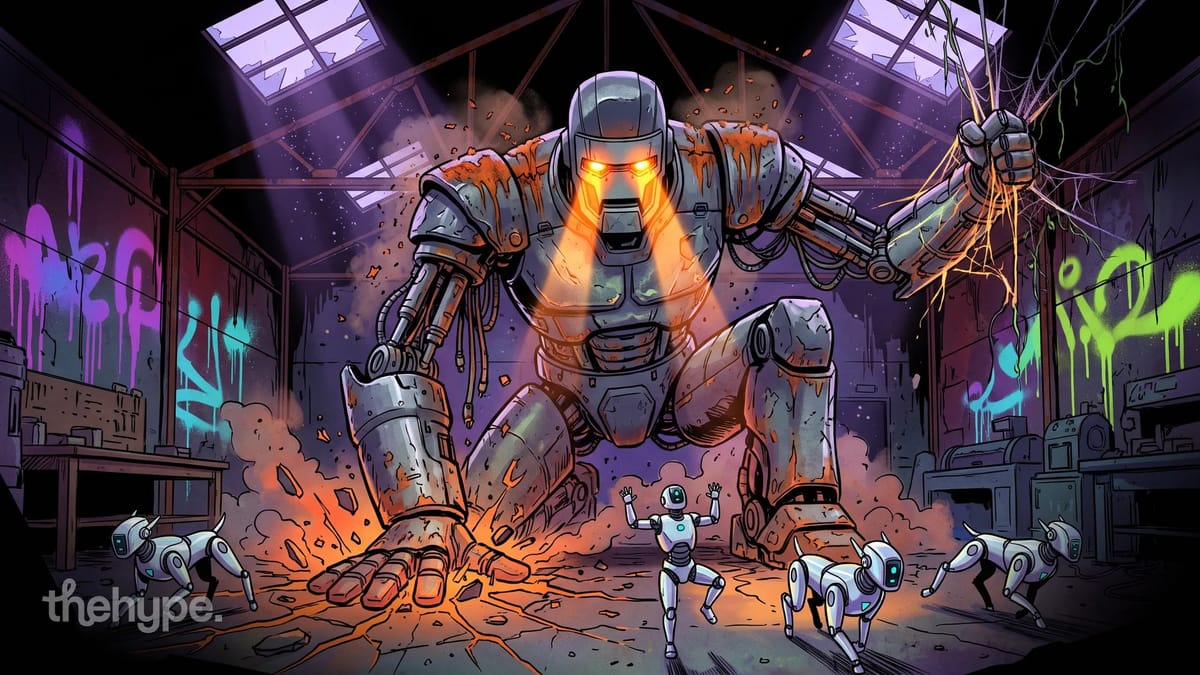 Giant rusty robot with glowing eyes bursts into a graffiti warehouse past small robot dogs, a nod to Google's Gemini 4 Argon
