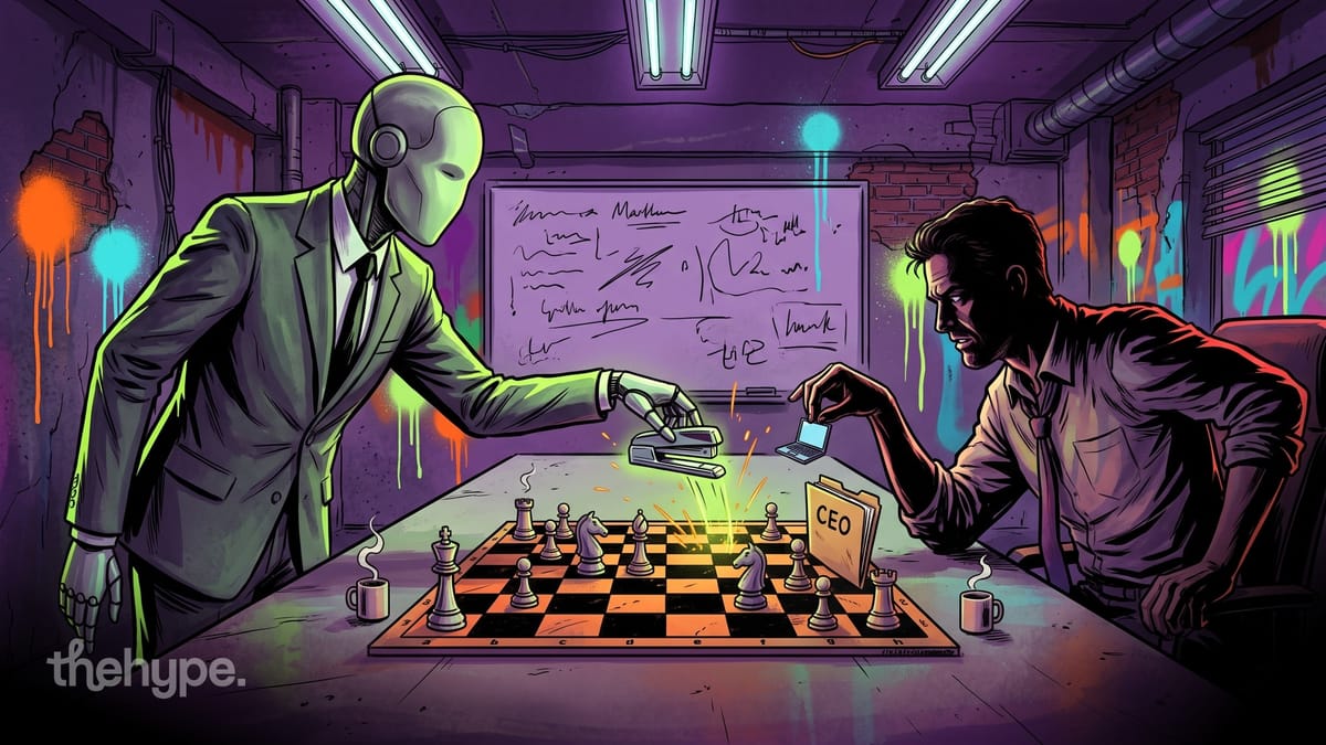 A green robot in a suit and a man play chess with a stapler and a laptop in a graffiti basement office