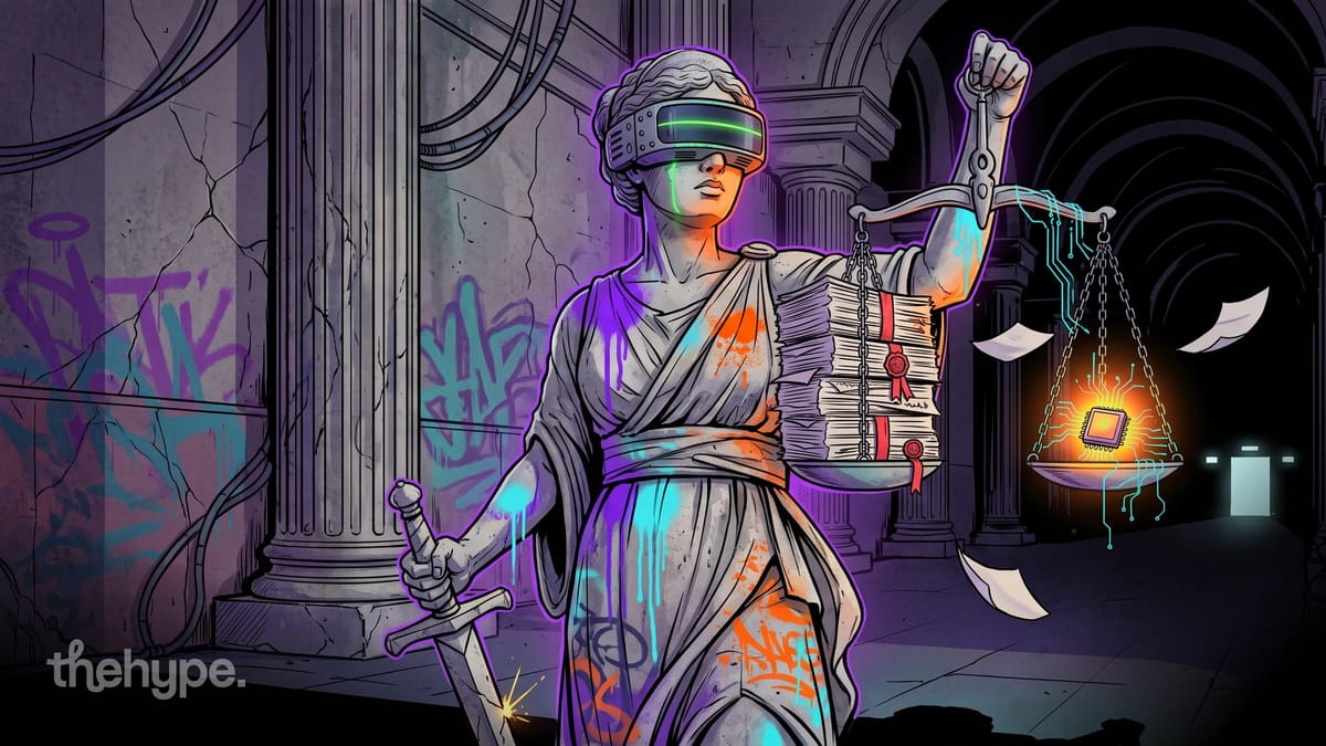 Lady Justice statue in a VR visor weighs a stack of legal files against a glowing AI chip, for Z.ai's GLM-Legal model