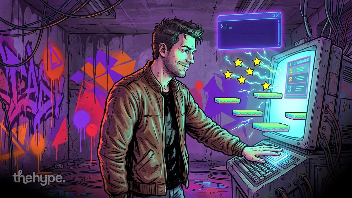 Illustration: a man in a brown jacket touches a glowing retro computer showing a leaderboard, with stars and pixel platforms