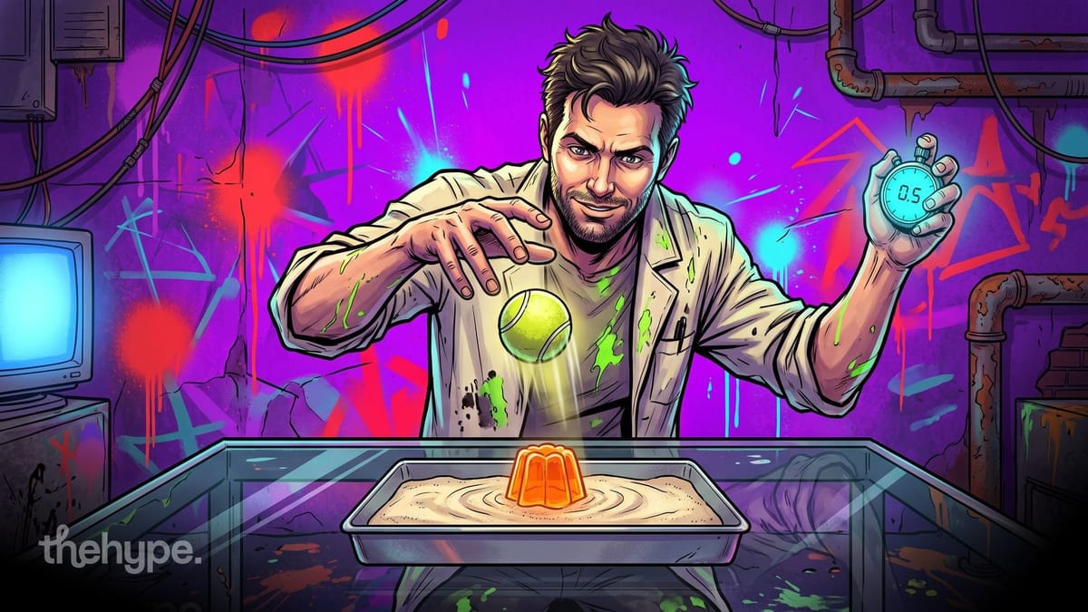 Comic-style scientist in a lab coat drops a tennis ball onto orange jelly in a sand tray while timing it with a stopwatch