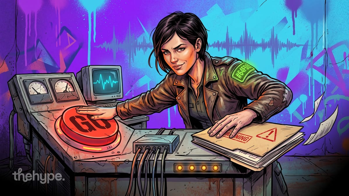 Woman presses a glowing red GO button while pinning down a folder stamped WARNING, a nod to GPT-Live-1.1's safety report