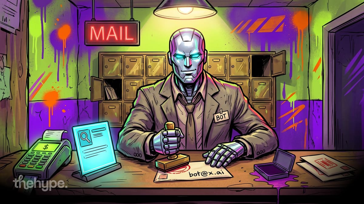 Silver robot clerk in a suit stamps a letter to bot@x.ai at a mail counter next to a card terminal, for Grok Bot email