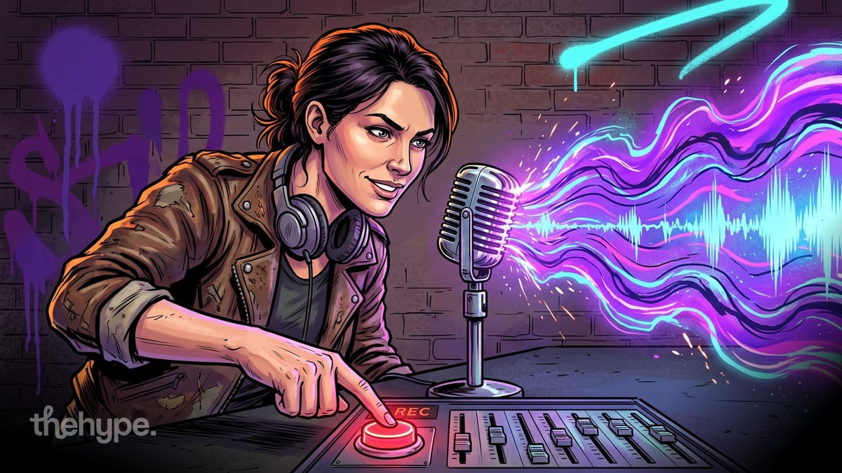 Woman in headphones presses a red REC button as sound waves burst from a vintage microphone, for Grok Voice 3.0