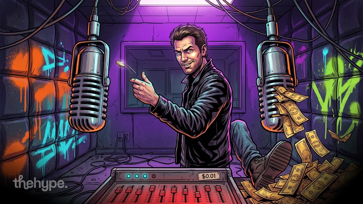 Comic-style man in a recording booth tosses a coin into one microphone while the other spills dollar bills over a mixer