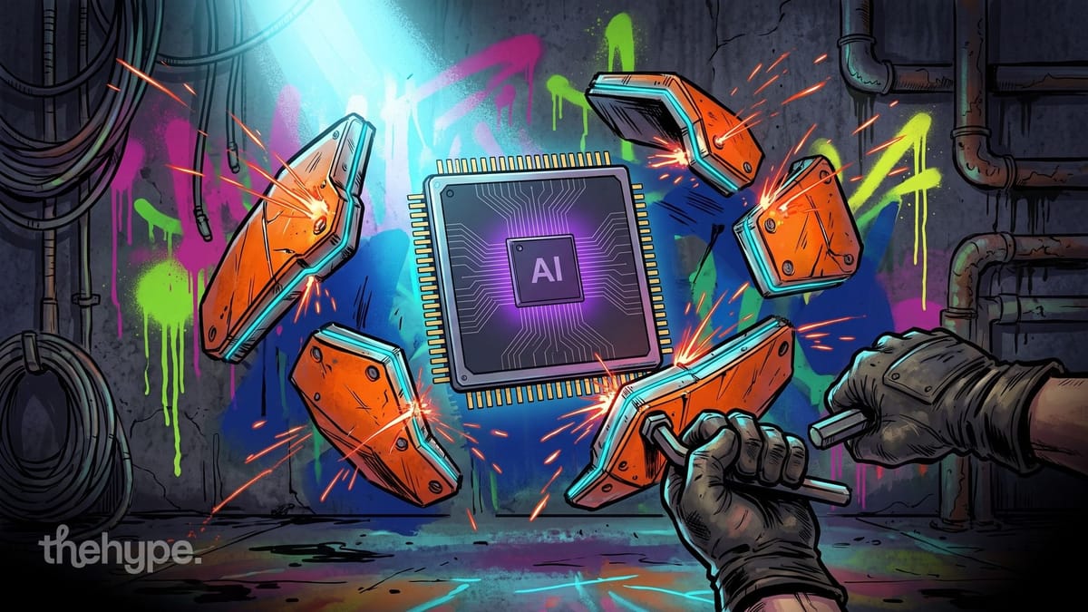 Gloved hands bolt orange armor plates around a glowing AI chip amid welding sparks, for Google's Harness² agent framework