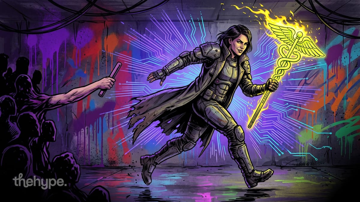 Runner in an armored coat carries a flaming winged caduceus away from a hand holding a plain baton, for Hermes Agent v0.22