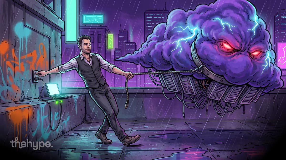 Man plugs a laptop into a wall socket while holding a purple storm cloud of server racks on a leash in a neon city