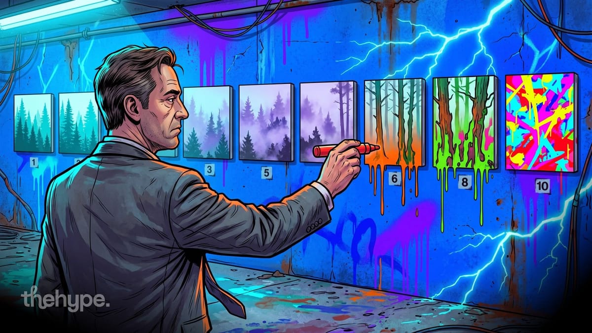 Comic-style man with a marker beside a row of numbered forest paintings that turn from misty green to a neon paint mess