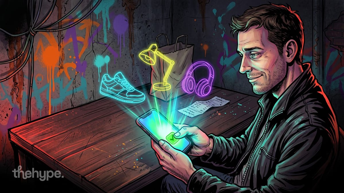 Man taps a green checkmark on his phone as a neon sneaker, lamp and headphones float above it, for Meta Muse shopping