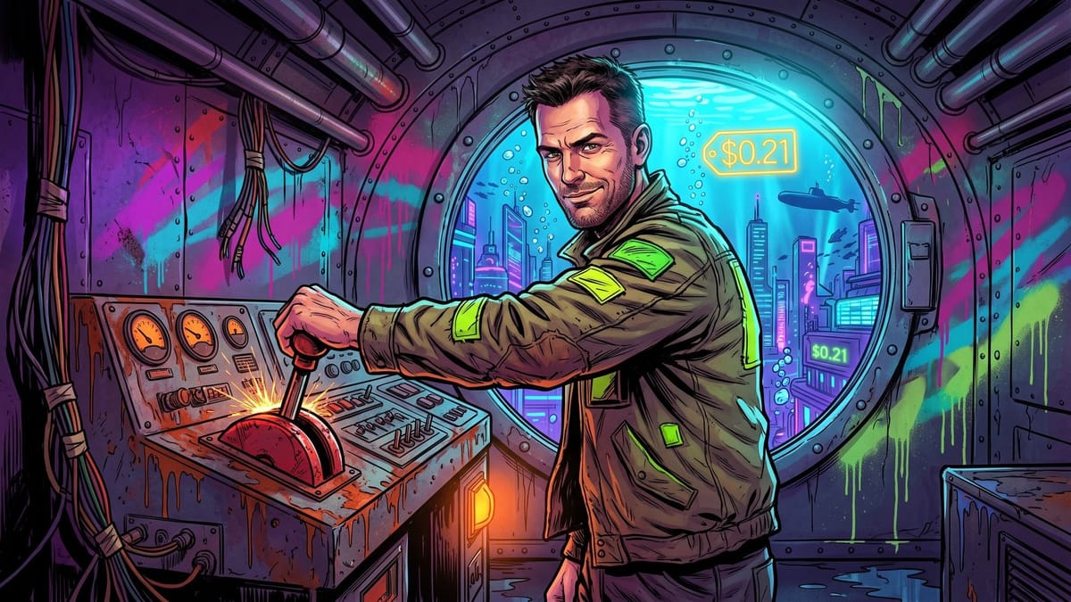 Illustrated submarine pilot pulling a lever by a porthole, an underwater neon city and a $0.21 price tag outside