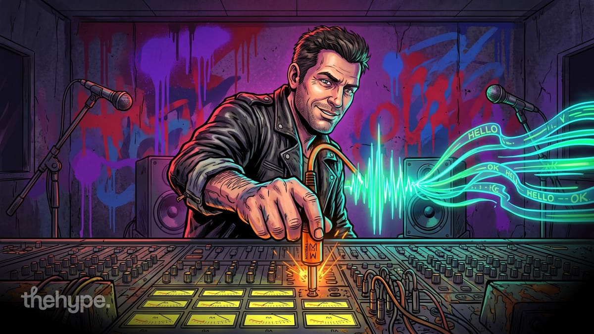 Man plugs a Mistral cable into a mixing desk as sound waves turn into lines of text, for Mistral's Voxtral 3 speech models