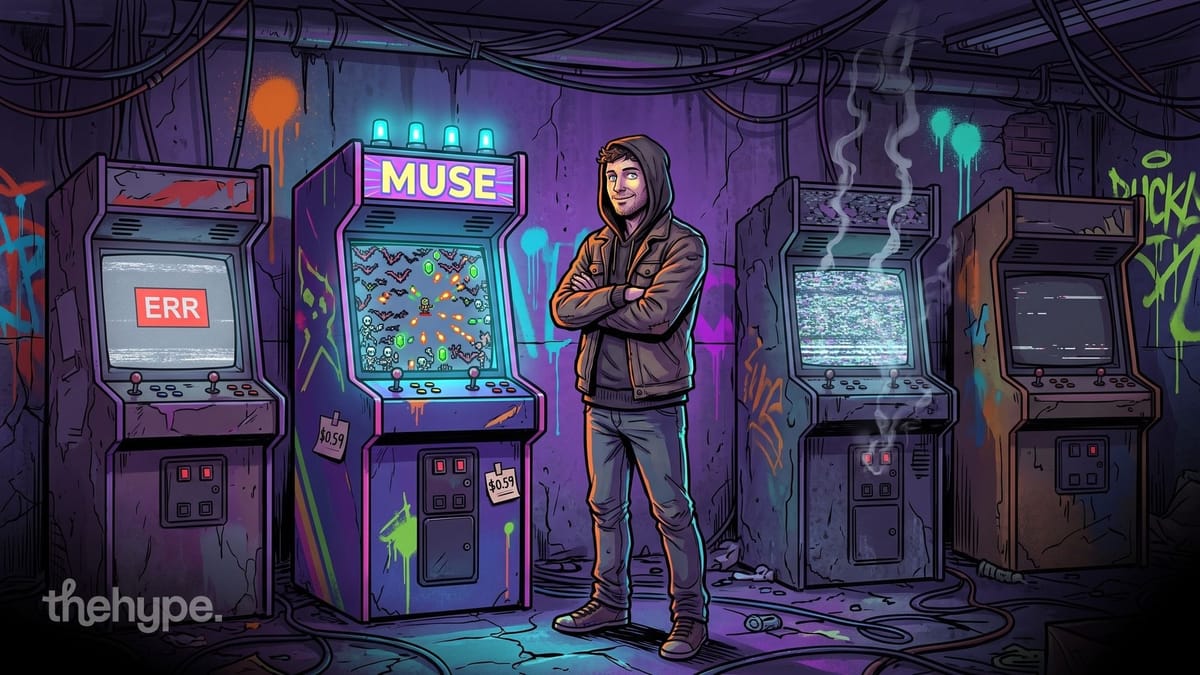 Comic-style man in a hoodie beside a glowing MUSE arcade machine full of pixel monsters, next to three broken arcade cabinets