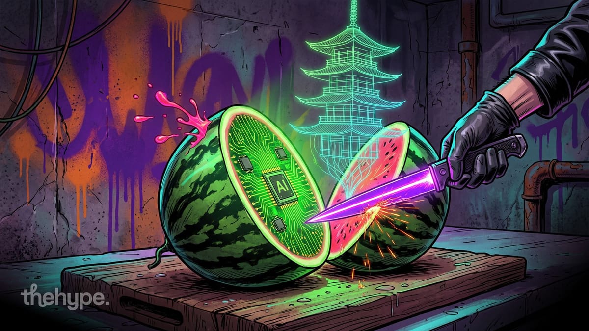 A gloved hand cuts a watermelon in half; one half is a green circuit board with an AI chip, a hologram pagoda behind it