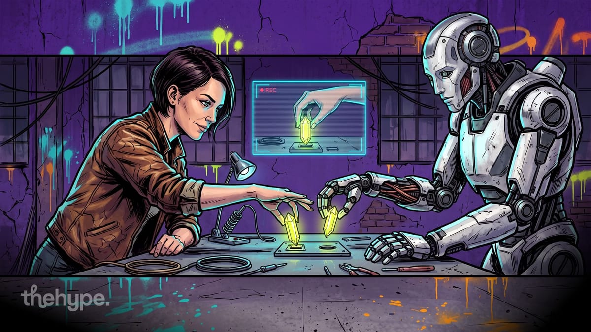 Robot copies a woman placing a glowing crystal into a slot while a screen replays a recorded human hand, a nod to Natura-1