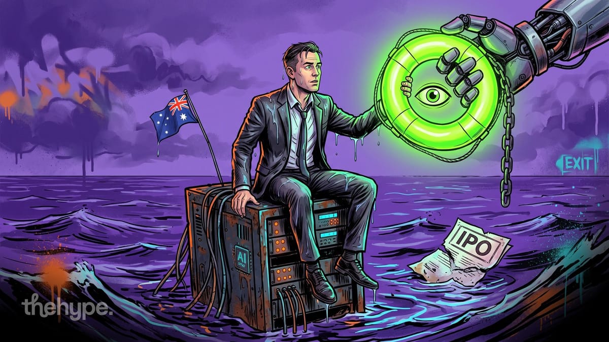 Robot hand offers a glowing lifebuoy to a man on a server box at sea beside an Australian flag and a sinking IPO, for Firmus