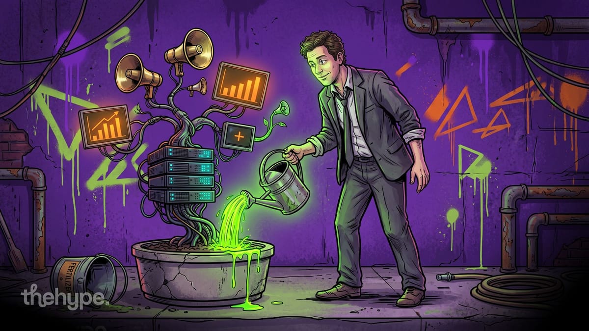 Man waters a potted tree of servers sprouting megaphones and growth charts with glowing green liquid, for Okara AI CMO v4