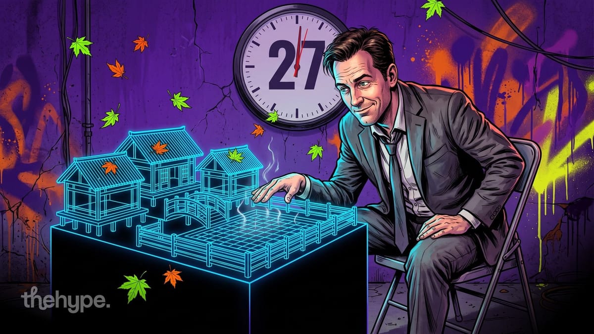 Illustrated man in a suit by a glowing wireframe model of a Japanese village with a bridge and hot spring, a clock showing 27